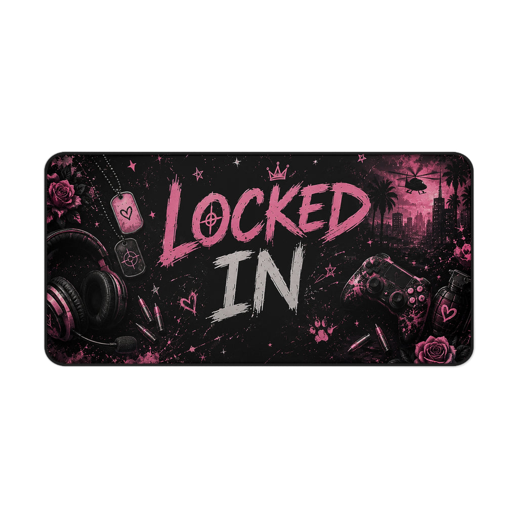 Locked In Gamer Desk Mat — Pink Neon Gaming Mouse Pad