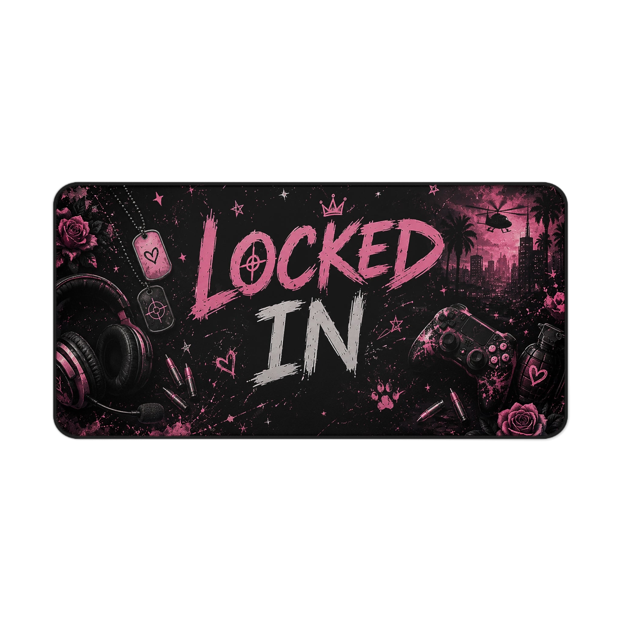 Locked In Gamer Desk Mat — Pink Neon Gaming Mouse Pad