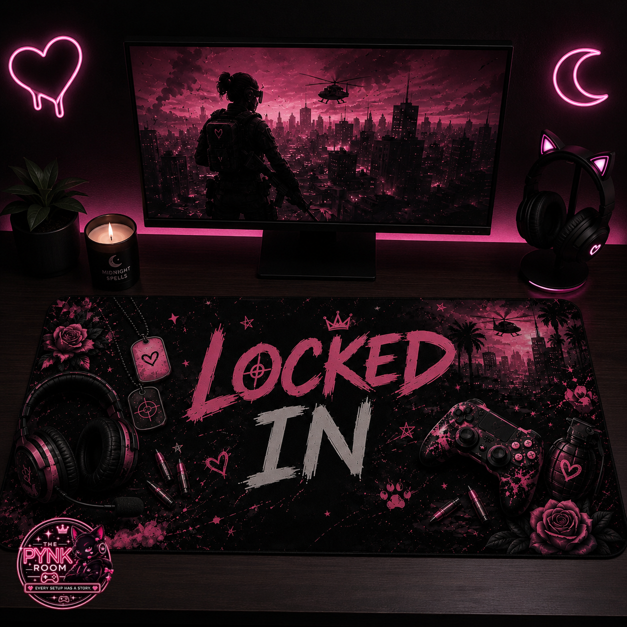 Locked In Gamer Desk Mat — Pink Neon Gaming Mouse Pad