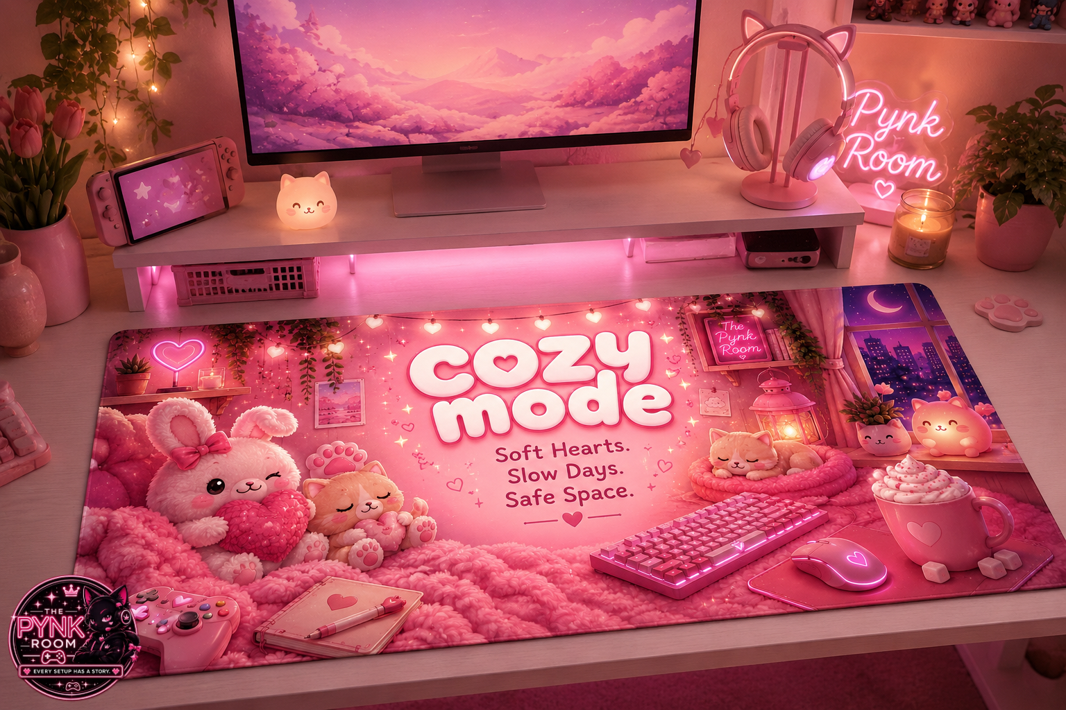 Cozy Mode Pink Desk Mat — Cute Kawaii Themed Gaming & Office Mouse Pad