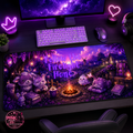 Follow the Firelight Home Desk Mat — Cute Purple Cozy Cottage Gaming Desk Pad